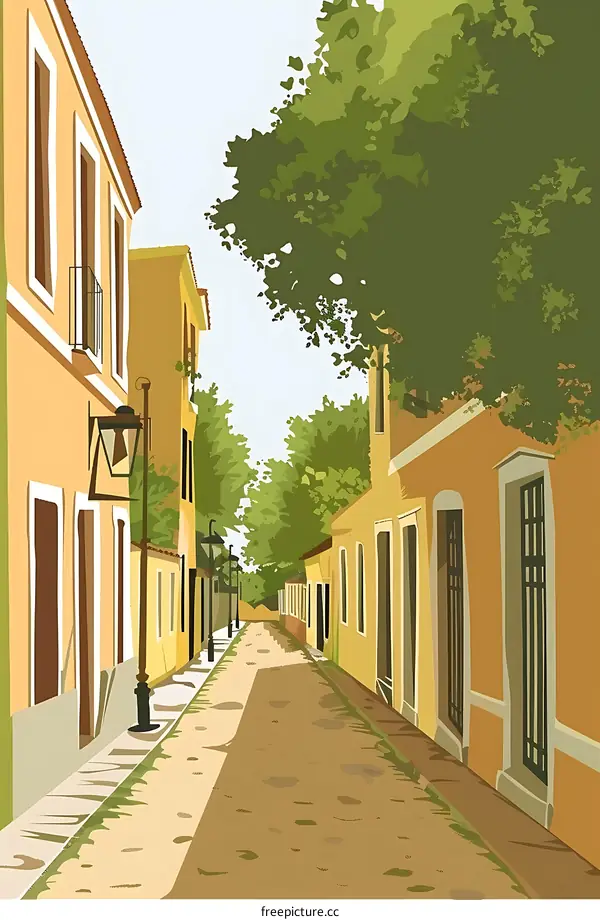 Illustration of Narrow Street with Buildings and Trees