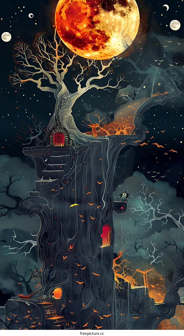Fantasy Treehouse Illustration With Red Moon And Flying Birds