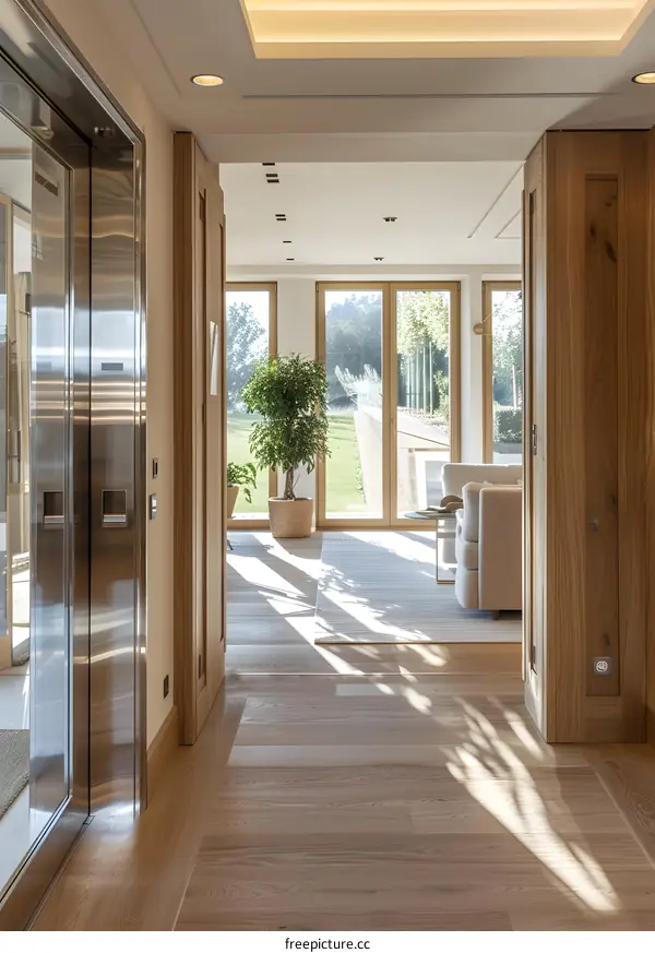 Bright corridor with elevator and large windows