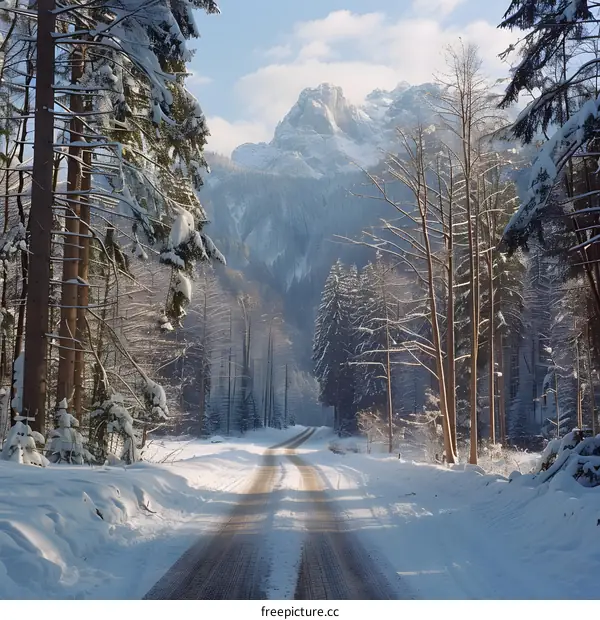Snowy Road Through Forest Leading to Mountains