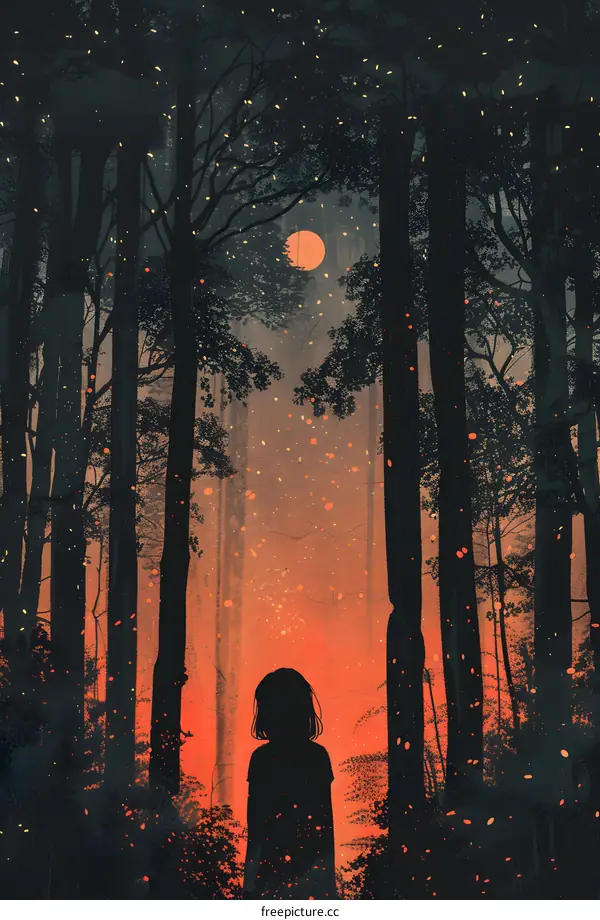 Silhouette of a Girl Standing in a Forest at Night