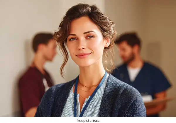 Professional woman in medical setting with colleagues in background