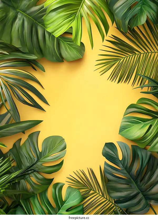 Tropical Leaves Frame On Yellow Background