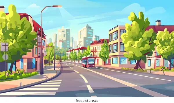 Cartoon City Street With Bus Illustration