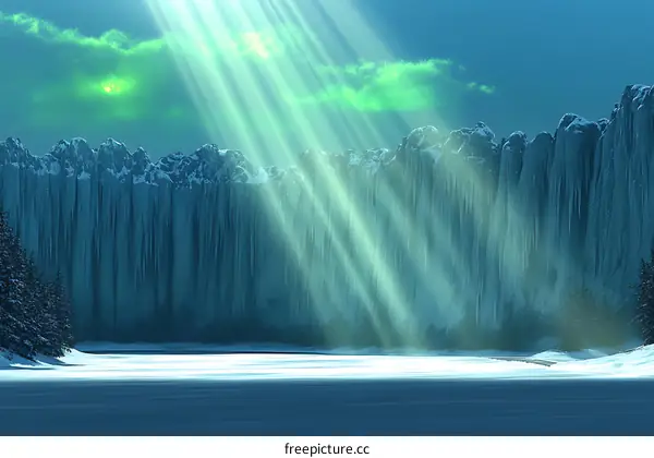 Winter Landscape With Frozen Waterfall and Green Sky