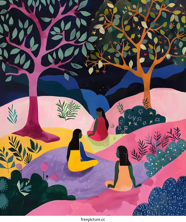 Three Women Sitting Underneath Trees At Night