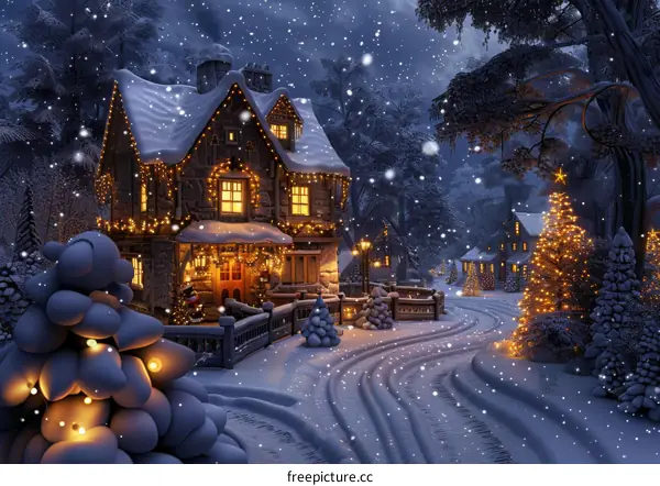 Snowy Christmas Eve Night in Winter Town