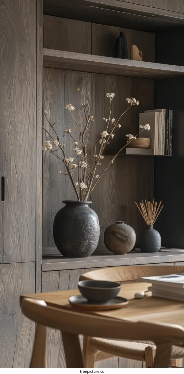 A wooden shelf with a vase of flowers and other objects