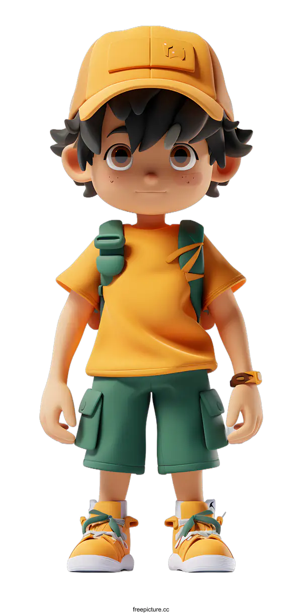 [Transparent Background PNG]3D rendering of a young boy wearing a yellow shirt and green shorts