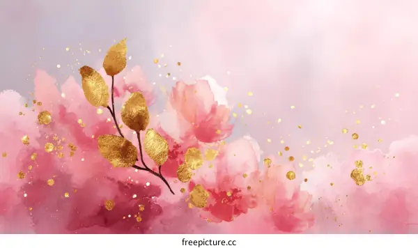 Delicate Pink Floral Watercolor Illustration with Gold Accents