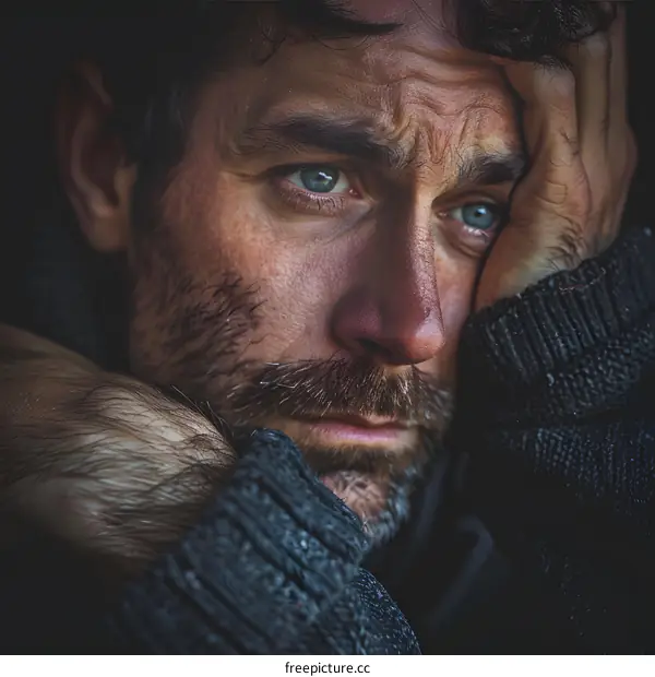 A man with a beard is holding his head in his hands and looking down