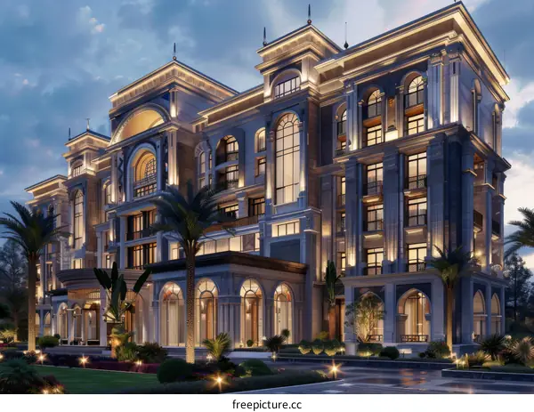 Grand Architectural Building Exterior at Dusk