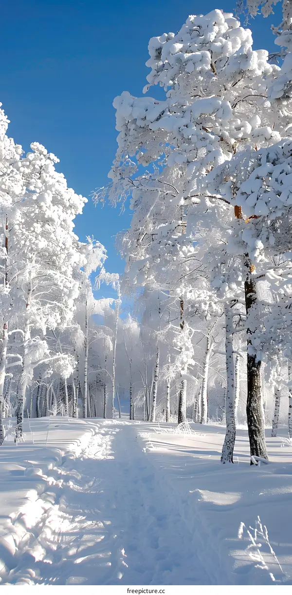 The snow-covered trees in the forest