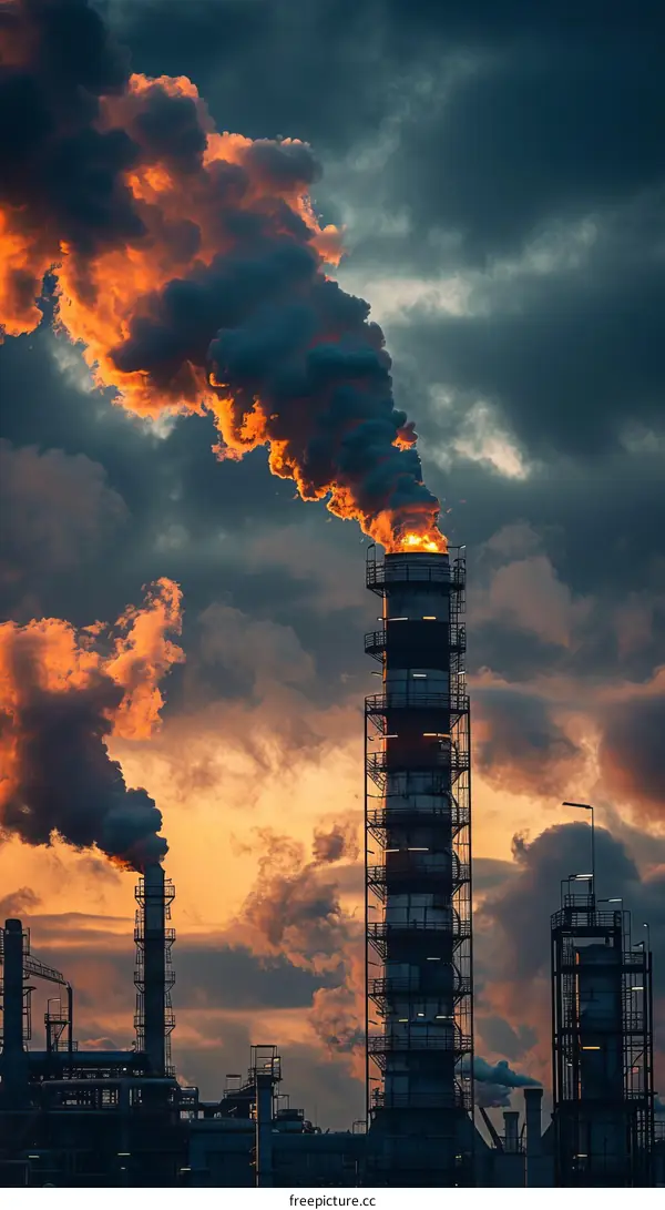 An illustration of an industrial plant with smoke coming out of the smokestacks.