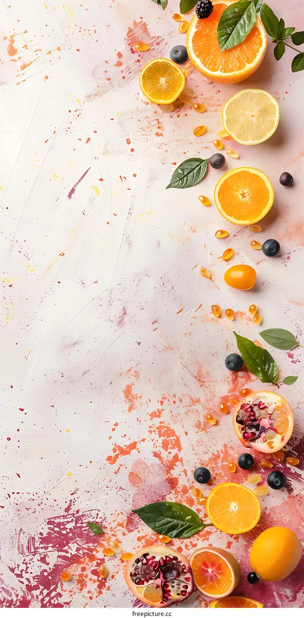 Fresh Citrus Fruits and Pomegranate with Capsules on White Painted Background