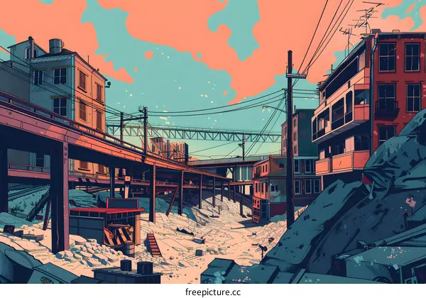 Urban Landscape Illustration with Buildings and a Bridge