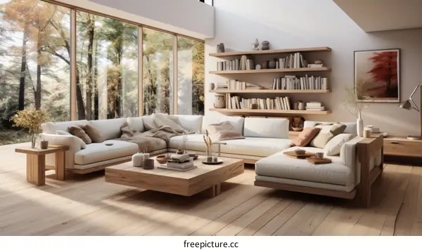 Stylish Living Room with Sofa, Coffee Table, and Bookshelf