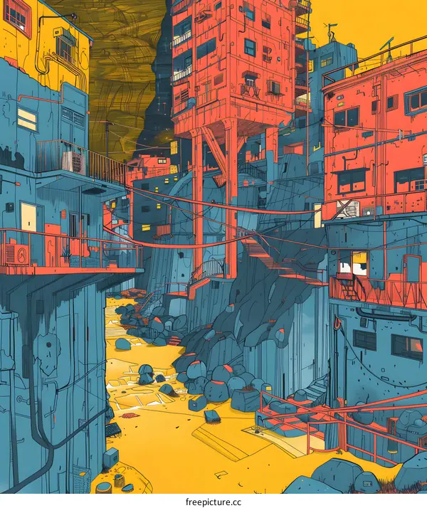 Futuristic Cityscape with Buildings and Rocks