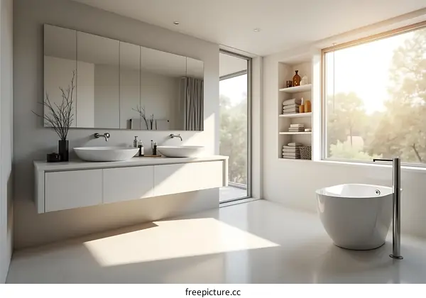 Modern Bathroom Interior Design with White Bathtub and Double Sinks