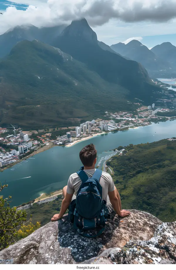 Man Sitting on Mountain Cliff Looking at View