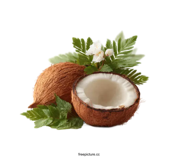 [Transparent Background PNG]Fresh Coconut with Flowers and Leaves