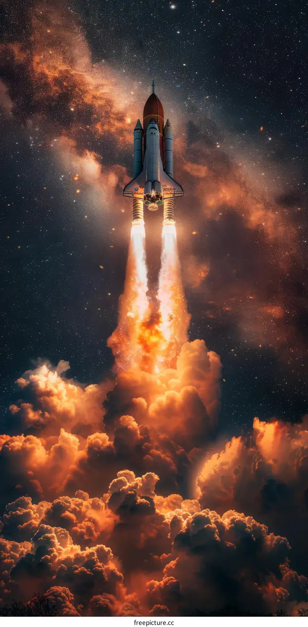 Space Shuttle Atlantis launching into the starry sky