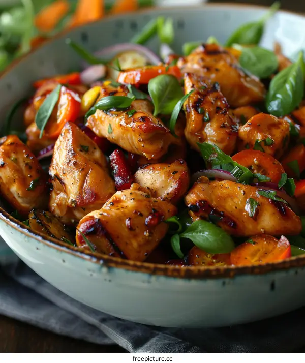 Chicken and vegetable salad with basil leaves