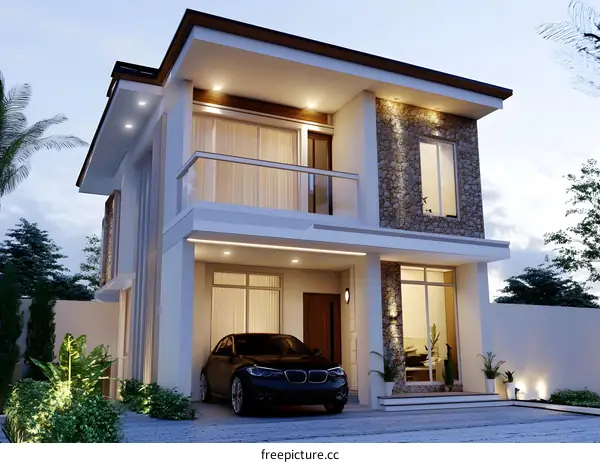 Modern Two Storey House with Carport and Stone Wall