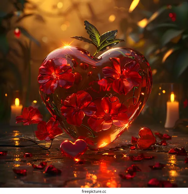 A crystal heart filled with bright red flowers, with crystal dew on the petals, gently swaying in the breeze, is so beautiful