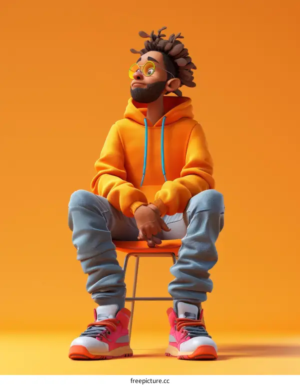 A 3D rendering of a man sitting on a chair