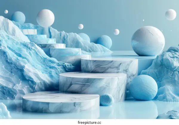 Cold Blue Marble Podium with Stairs and Floating Spheres