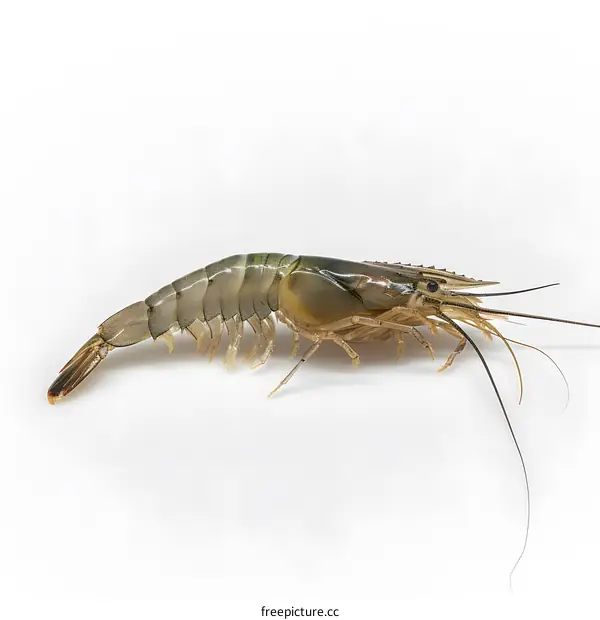A green prawn on a white background