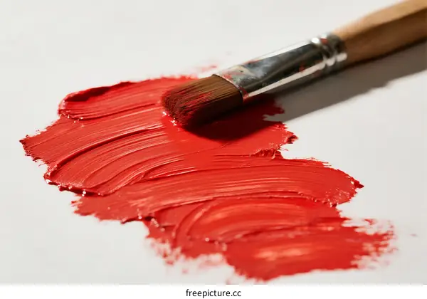 Close-up of red paint on a brush and palette
