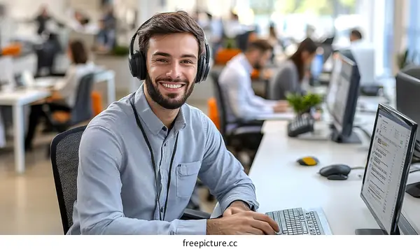 Smiling Caucasian Call Center Employee