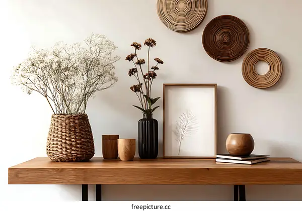 Rustic Wooden Console Table with Floral Decor