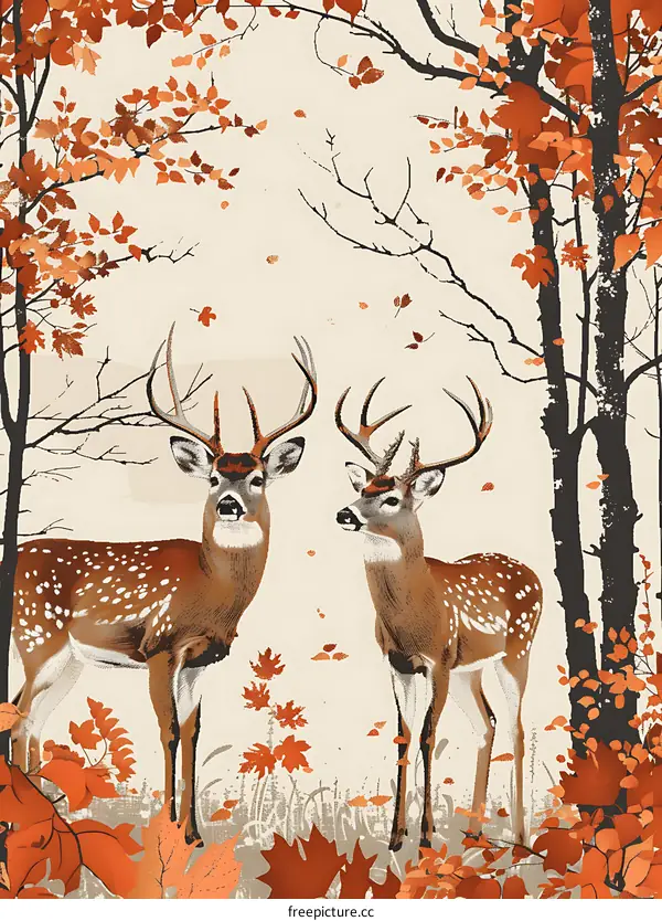 Two Deer in Autumn Forest Illustration