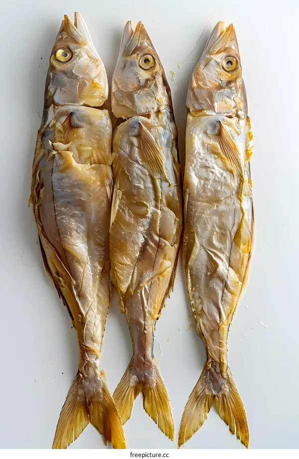 Three Dried Fish on White Background