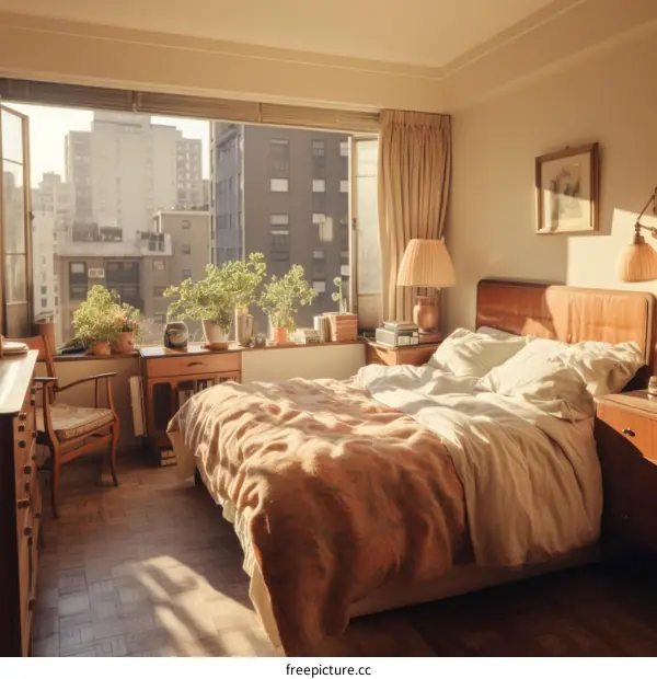 Bedroom with a view of the city
