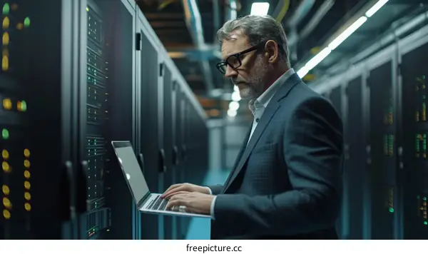 A male IT specialist works on a laptop in a server room.