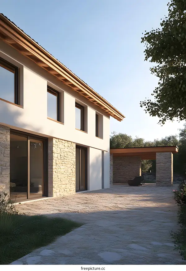 Modern House Exterior Design with Stone Facade and Patio