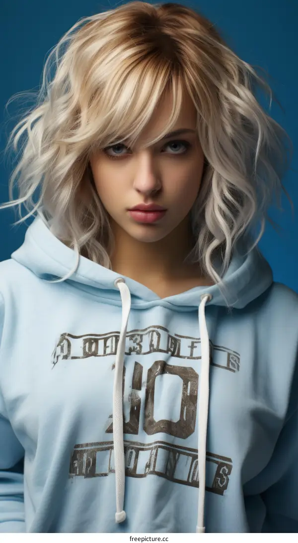 Portrait of a young blonde woman in a blue hoodie