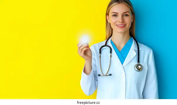 Smiling Female Doctor Holding a Lightbulb Concept