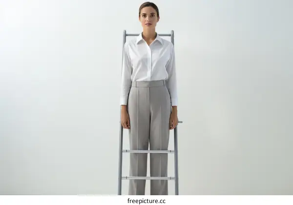 Businesswoman standing on ladder reaching for success