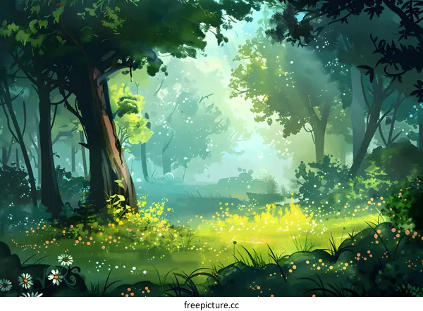 Sunbeams in a Lush Green Forest