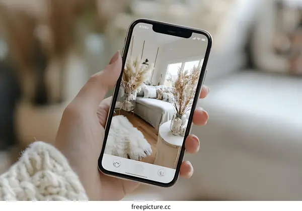 Hand Holding Phone Showing Living Room Decor