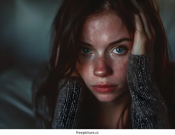A young woman with freckles on her face is holding her head in her hands and looking at the camera with a sad expression.