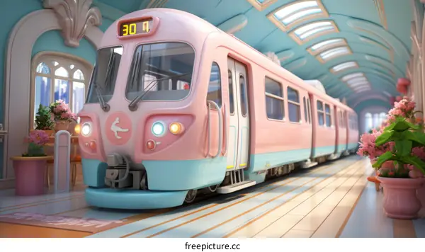 A pink and blue train is in a station with a pink background