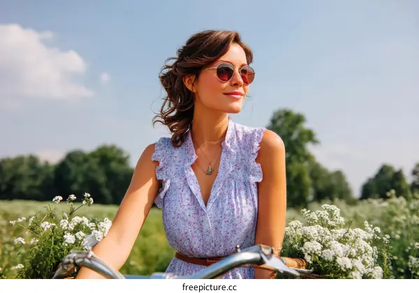Charming Woman on a Bicycle in a Floral Field