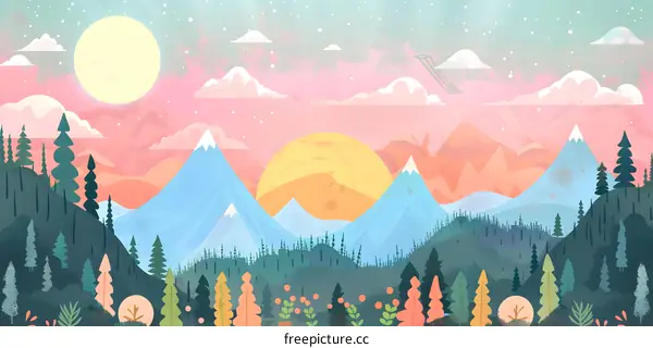 Mountains, Sunrise, and Forest Illustration