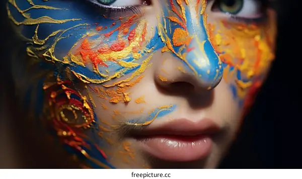 Close-up of a woman's face with blue, yellow, and red face paint.